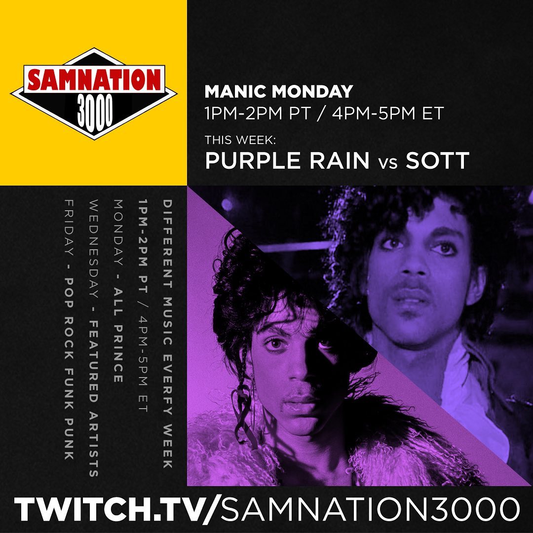 TODAY the first Manic Monday #Prince Album Battle of 2022 is a big one! Purple Rain vs. Sign O The Times! Join us today at 1pm-2pm Pacific Time on Twitch.tv/samnation3000. You vote, you decide which album wins! 💜