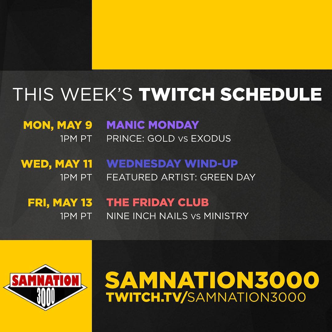 Prince, Green Day, Nine Inch Nails, Ministry - we got it all this week on twitch.tv/samnation3000 ❤️💜💚🖤