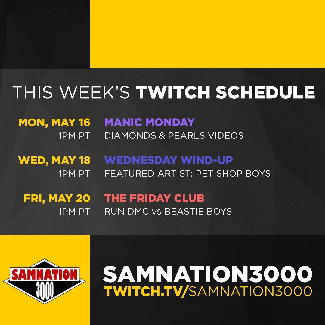 My Twitch Schedule this week! I’ve got Diamonds & Pearls videos, Pet Shop Boys, Run DMC, and Beastie Boys all for you this week. Let’s go!