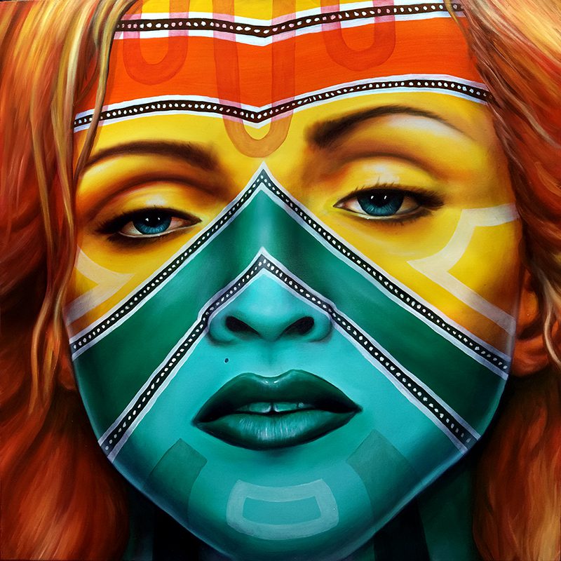 Samnation14-03, oil on canvas, 36"x36". Copyright © Sam Jennings. All rights reserved.. Art features an original fantasy, tribal-style painting of Madonna by Sam Jennings